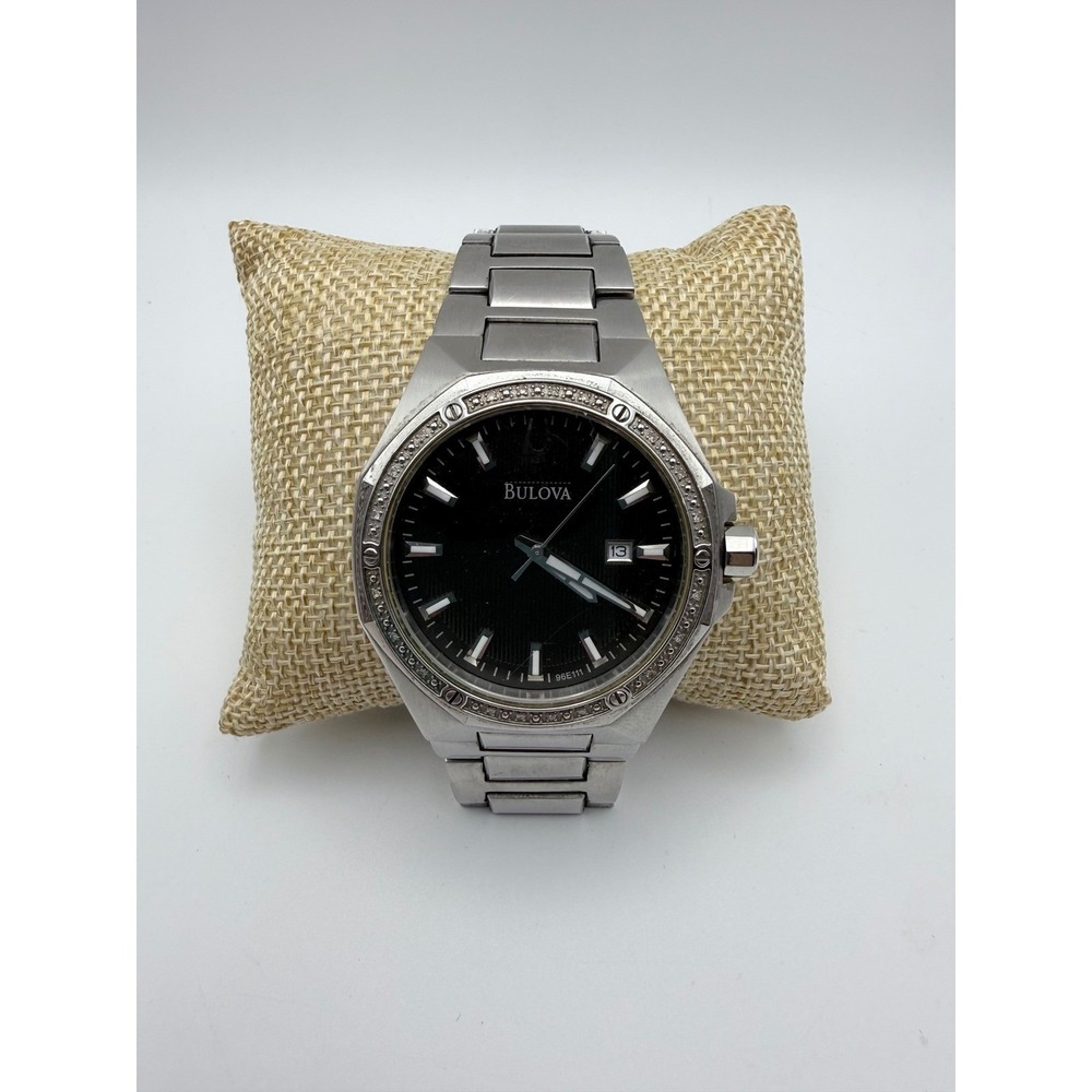 Bulova Stainless Steel Mens Watch Black Dial Date Window Crystal Bezel‎